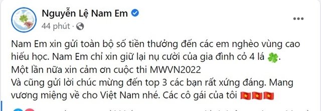 Khán giả ngỡ ngàng khi Nam Em dùng toàn bộ tiền thưởng từ cuộc thi Miss World Việt Nam để làm điều này