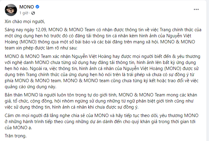 MONO - em trai Sơn Tùng MTP lên tiếng về tin đồn xuất hiện trên ứng dụng hẹn hò đồng giới