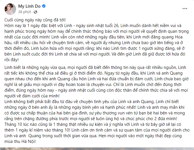 Đỗ Mỹ Linh thông báo lên xe hoa với con trai bầu Hiển