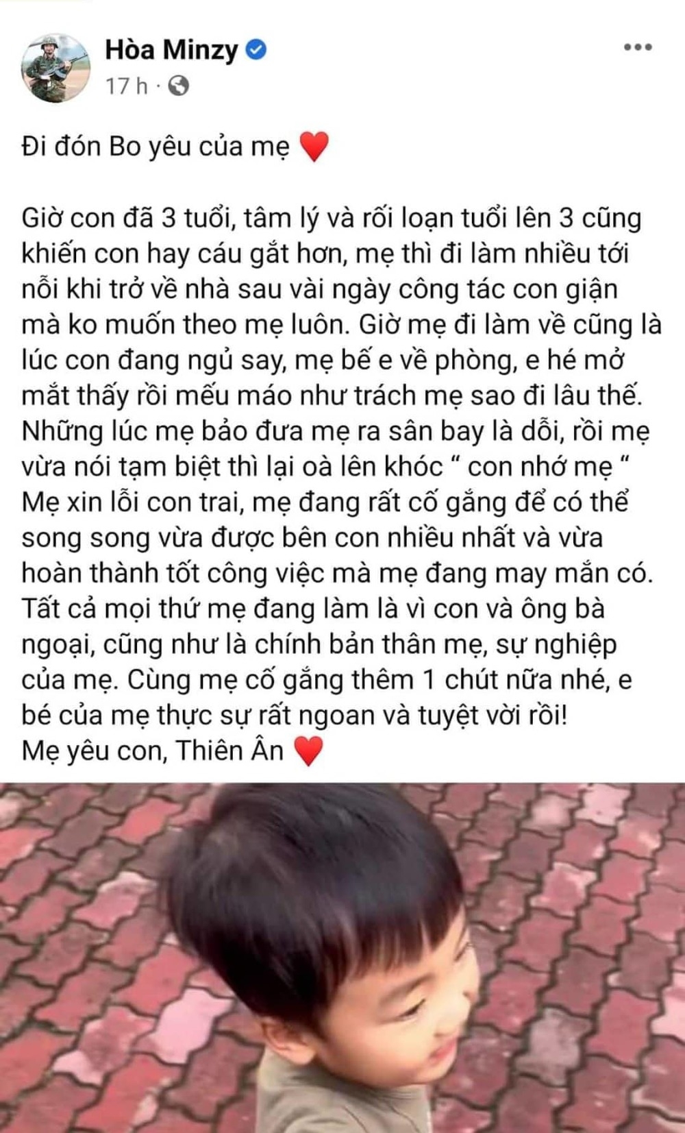 Hòa Minzy viết tâm thư xin lỗi vì không có nhiều thời gian ở bên con