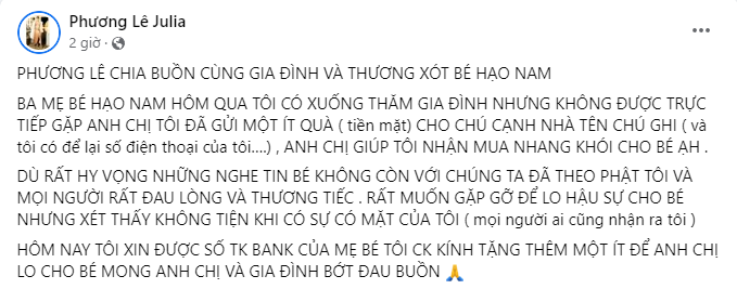 Phương Lê ủng hộ 100 triệu đồng cho gia đình bé trai 10 tuổi qua đời tại Đồng Tháp