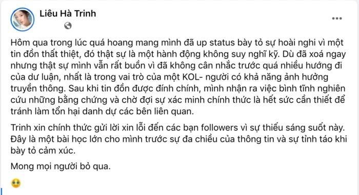 MC Liêu Hà Trinh lên tiếng xin lỗi vì chia sẻ tin đồn thất thiệt