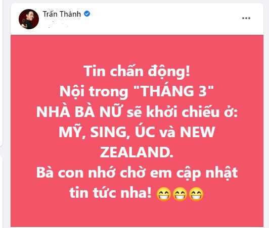 Trấn Thành thông báo: 'Nhà bà Nữ' chuẩn bị xuất ngoại trong tháng 3