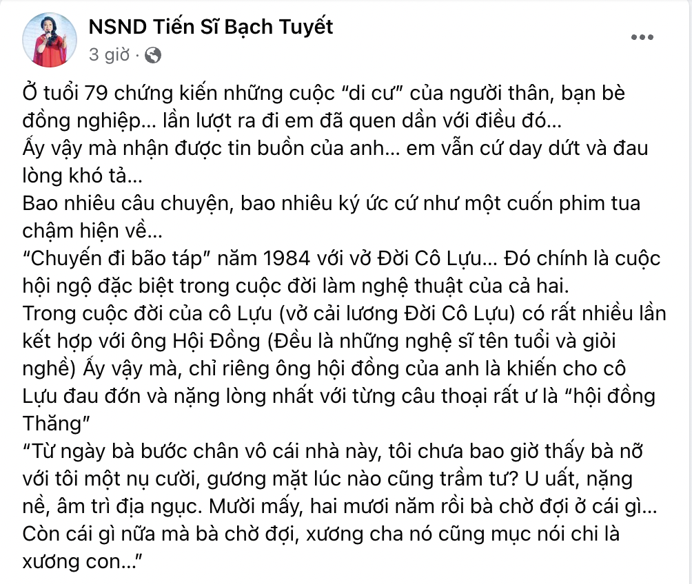 Nghệ sĩ Lệ Thuỷ, Bạch Tuyết tiếc thương NSND Diệp Lang qua đời
