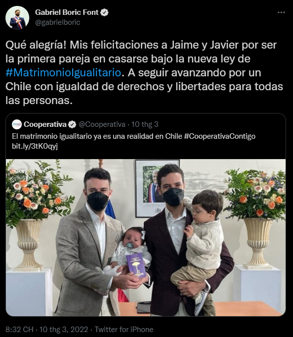 Cặp đồng giới đầu tiên ở Chile kết hôn sau khi luật hôn nhân đồng giới có hiệu lực Cặp đồng giới đầu tiên ở Chile kết hôn sau khi luật hôn nhân đồng giới có hiệu lực
